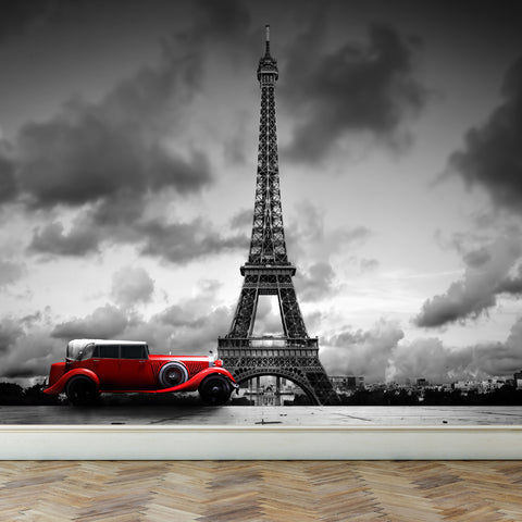 Wall Mural Eiffel Tower with Red retro limousine car, Fabric